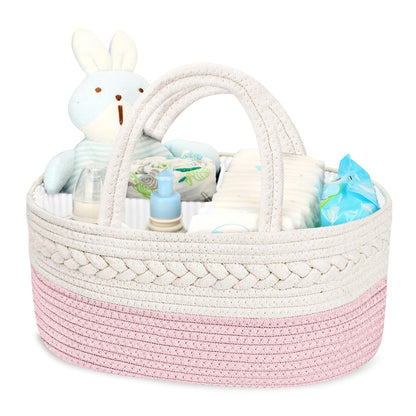 Diaper Caddy for Baby Girl-Cotton Rope Diaper Caddy, Diaper Organizer for Changing Table, Portable Baby Basket for Storage Baby Stuff, Newborn Registry Must Have Items