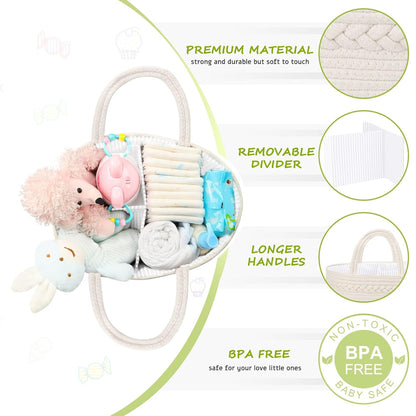 Diaper Caddy for Baby Girl-Cotton Rope Diaper Caddy, Diaper Organizer for Changing Table, Portable Baby Basket for Storage Baby Stuff, Newborn Registry Must Have Items