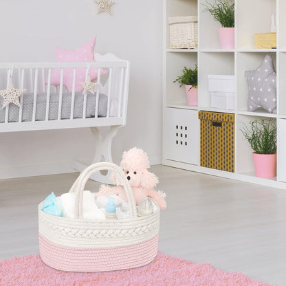 Diaper Caddy for Baby Girl-Cotton Rope Diaper Caddy, Diaper Organizer for Changing Table, Portable Baby Basket for Storage Baby Stuff, Newborn Registry Must Have Items