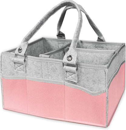 Baby Diaper Caddy Organizer with Detachable Handle (16X10X7Inch), Baby Gift Basket for Car/Bedroom/Travel, Nursery Storage Bin for Storing Diapers and Other Baby Products, (Pink)